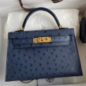 Hermes Kelly Mini II Sellier Handmade Bag In Blue Iris Ostrich Leather HD1104JQ80