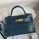 Hermes Kelly Mini II Sellier Handmade Bag In Blue Jean Shiny Alligator Leather HD1105kH80
