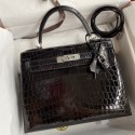 Hermes Kelly Sellier 28 Handmade Bag In Black Crocodile Niloticus Shiny Skin HD1330Mc61