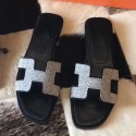 Hermes Oran Sandals In Black Suede With Crystal HD1664pB23