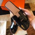 Hermes Oran Slide Sandals In Black Shiny Niloticus Crocodile Skin HD1726su78