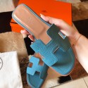 Hermes Oran Slide Sandals In Blue Jean Clemence Leather HD1731vX33