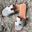 Hermes Oran Slide Sandals In Blue Lin Clemence Leather HD1732SS41