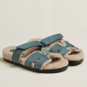 Hermes Women's Chypre Sandals in Blue Suede with Shearling HD2079AT21