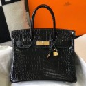 Imitation Hermes Birkin 30cm Bag In Black Embossed Crocodile Leather HD206Dl40