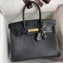 Imitation High Quality Hermes Birkin 30 Retourne Handmade Bag In Black Ostrich Leather HD162Bo39