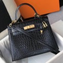 Knockoff High Quality Hermes Kelly 25cm Handmade Bag In Black Embossed Crocodile Leather HD887FA65
