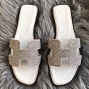 Luxury Hermes Oran Sandals In White Suede With Crystal HD1719vA84