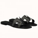 Replica Fashion Hermes Oran Sandals In Black Leather With Stitched Detail HD1661HM85