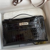 Best Hermes Kelly Pochette Handmade Bag In Black Shiny Alligator Leather HD1174kr25