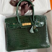 Copy Best Quality Hermes Birkin 30 Handmade Bag In Green Crocodile Porosus Shiny Skin HD148BR87