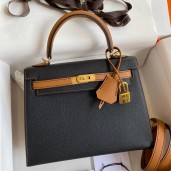 Designer Fake Hermes Kelly Sellier 25 Bicolor Bag in Black and Gold Epsom Calfskin HD1262MO79