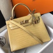 Fake Hermes Kelly 25cm Handmade Bag In Jaune Poussin Embossed Crocodile Leather HD889xR88