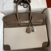 Hermes Birkin 35 Handmade Bag In Toile & Taupe Clemence Leather HD234KX22