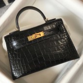 Hermes Kelly Mini II Bag In Black Embossed Crocodile Leather HD1049vX33