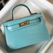 Hermes Kelly Mini II Bag In Blue Atoll Embossed Crocodile Leather HD1053gC81