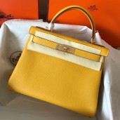 Hermes Kelly Retourne 28 Handmade Bag In Jaune Ambre Clemence Leather HD1251Yf79