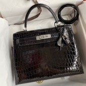 Hermes Kelly Sellier 28 Handmade Bag In Black Crocodile Niloticus Shiny Skin HD1330Mc61