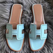 Hermes Oran Perforated Sandals In Blue Atoll Epsom Leather HD1652rN91