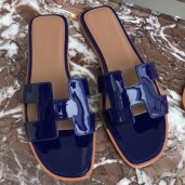 Hermes Oran Sandals In Blue Patent Leather HD1672QS83