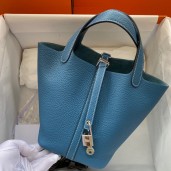 Hermes Picotin Lock 22 Handmade Bag in Blue Jean Clemence Leather HD1874rf73