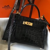 High Quality Imitation Hermes Kelly Mini II Handmade Bag In Black Crocodile Embossed Leather HD1048Vu82