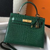 Imitation Hermes Kelly 25cm Handmade Bag In Green Embossed Crocodile Leather HD888Dl40