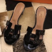 Imitation Hermes Oasis Sandals In Black Patent Calfskin HD1620SU34