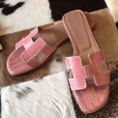 Imitation Hermes Oran Sandals In Pink Shiny Niloticus Crocodile HD1698SU58