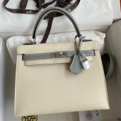 Knockoff Hermes Kelly Sellier 25 Bicolor Bag in Craie and Gris Mouette Epsom Calfskin HD1265no73