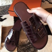 Replica Cheap Hermes Izmir Sandals In Bordeaux Shiny Niloticus Crocodile HD791QC68