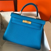 Replica Hermes Kelly Retourne 28 Handmade Bag In Blue Zanzibar Clemence Leather HD1244Tm92