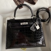 Replica Hermes Kelly Sellier 25 Diamond Bag In Black Crocodile Niloticus Shiny Skin HD1280cK54