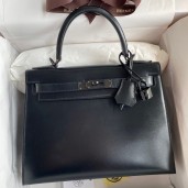Replica Hermes Kelly Sellier 28 Handmade Bag In Black Box Calfskin HD1329BV51