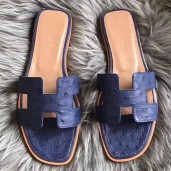 Replica Hermes Oran Sandals In Blue Ostrich Leather HD1669Va47