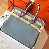 Hermes Birkin 35 Handmade Bag In Blue Lin Clemence Leather HD330bW68