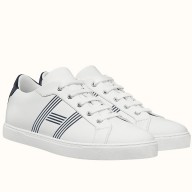 Hermes Men's Avantage Sneakers In White/Blue Calfskin HD1520wv88