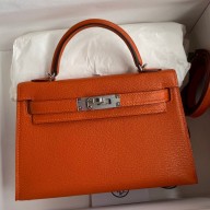 Replica Hermes Kelly Mini II Sellier Handmade Bag In Orange Chevre Mysore Leather HD1130Os19