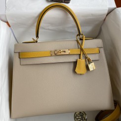 AAA Copy Hermes Kelly Sellier 32 Bicolor Bag in Trench and Yellow Epsom Calfskin HD1354Vi77
