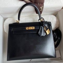 Copy Hermes Kelly Sellier 25 Handmade Bag In Black Box Calfskin HD1363Pf97