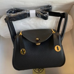 Copy Hermes Mini Lindy Handmade Bag In Black Clemence Leather HD1565Kn92
