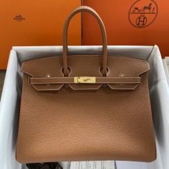 Designer Fake Hermes Birkin 35 Retourne Handmade Bag In Gold Clemence Leather HD239MO79