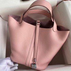 Fake Hermes Picotin Lock 22 Handmade Bag in Pink Clemence Leather HD1880uQ71