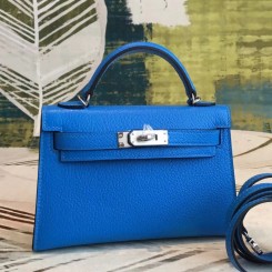 Fashion Hermes Kelly Mini II Handmade Bag In Blue Chevre Leather HD304Of26