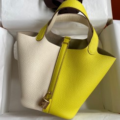 Fashion Hermes Picotin Lock 18 Bicolor Handmade Bag in Craie and Lime Clemence Leather HD1813Za62