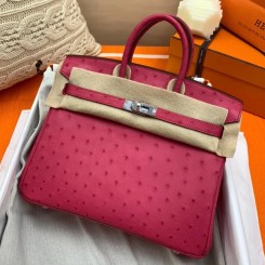 Hermes Birkin 25 Handmade Bag In Rose Red Ostrich Leather HD1953Ul96