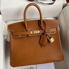 Hermes Birkin 25 Retourne Handmade Bag In Gold Barenia Calfskin HD87vJ33