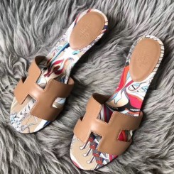 Hermes Camel Swift Oasis Sandals with Botanique Printed HD411mU75
