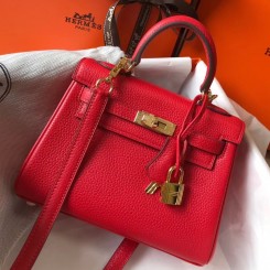 Hermes Kelly 20cm Bag In Red Clemence Leather GHW HD880tp20