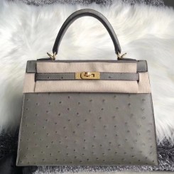 Hermes Kelly 25cm Handmade Bag In Gris Asphalt Ostrich Skin HD704Oe12